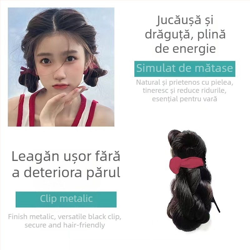 Perucă cu coadă dublă, panglică și fundă, țesută manual, fir rezistent la temperaturi înalte, model Love Ball Head