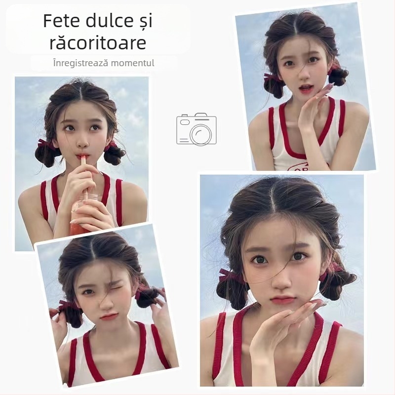 Perucă cu coadă dublă, panglică și fundă, țesută manual, fir rezistent la temperaturi înalte, model Love Ball Head