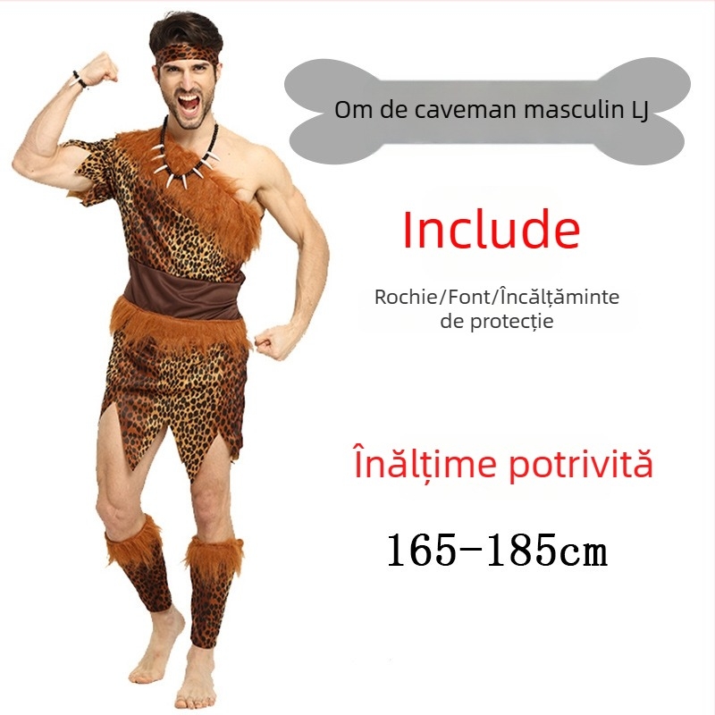 Costum unisex cu imprimeu leopard, inspirat dintr-un stil primitiv nativ, pentru Halloween și jocuri de rol - poliester