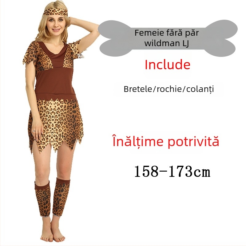 Costum unisex cu imprimeu leopard, inspirat dintr-un stil primitiv nativ, pentru Halloween și jocuri de rol - poliester
