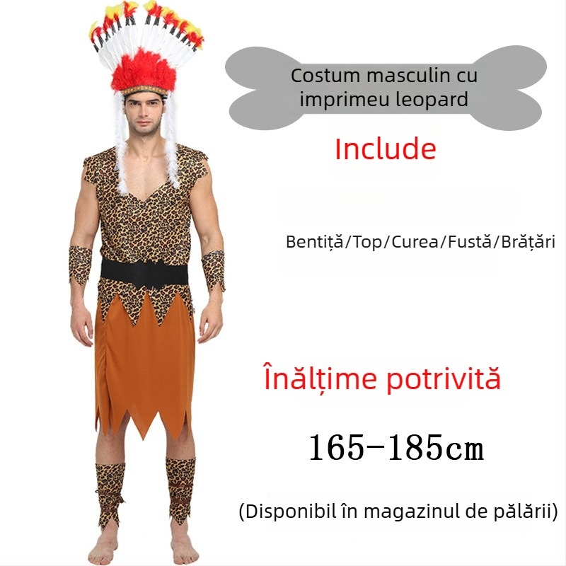 Costum unisex cu imprimeu leopard, inspirat dintr-un stil primitiv nativ, pentru Halloween și jocuri de rol - poliester