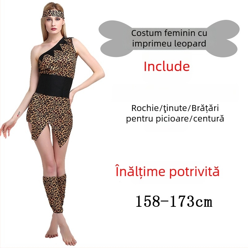 Costum unisex cu imprimeu leopard, inspirat dintr-un stil primitiv nativ, pentru Halloween și jocuri de rol - poliester
