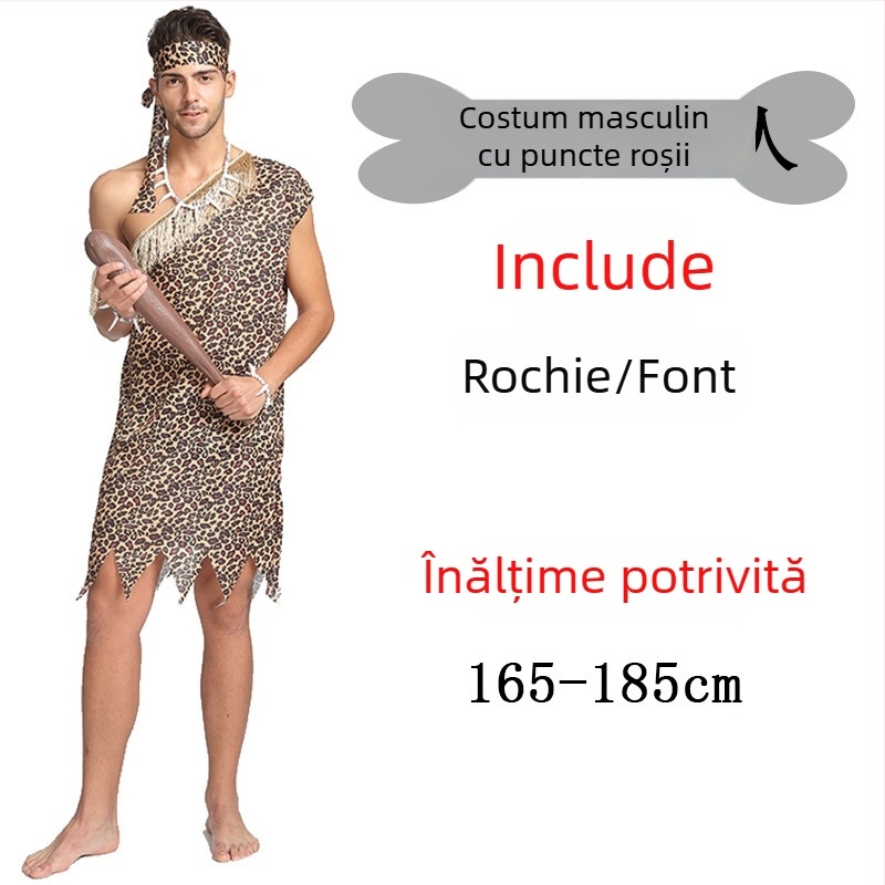 Costum unisex cu imprimeu leopard, inspirat dintr-un stil primitiv nativ, pentru Halloween și jocuri de rol - poliester