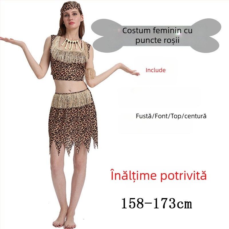 Costum unisex cu imprimeu leopard, inspirat dintr-un stil primitiv nativ, pentru Halloween și jocuri de rol - poliester