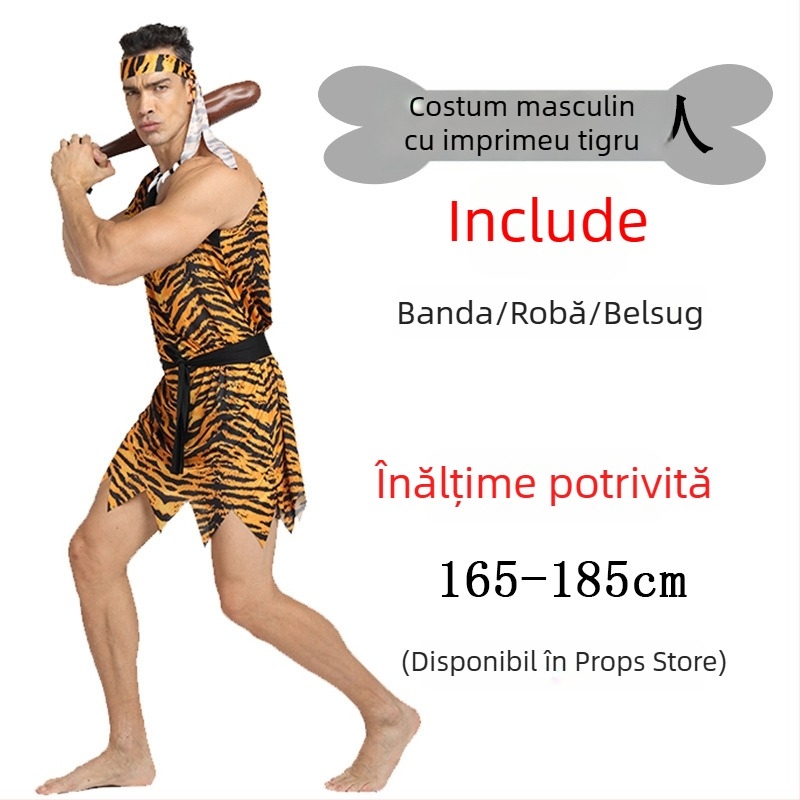 Costum unisex cu imprimeu leopard, inspirat dintr-un stil primitiv nativ, pentru Halloween și jocuri de rol - poliester