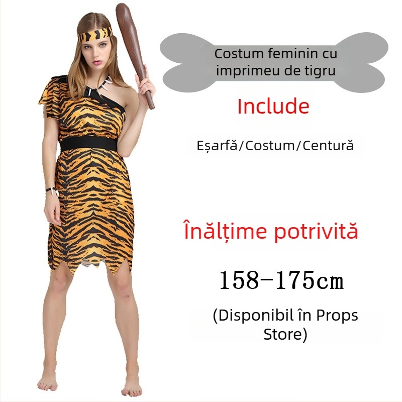 Costum unisex cu imprimeu leopard, inspirat dintr-un stil primitiv nativ, pentru Halloween și jocuri de rol - poliester