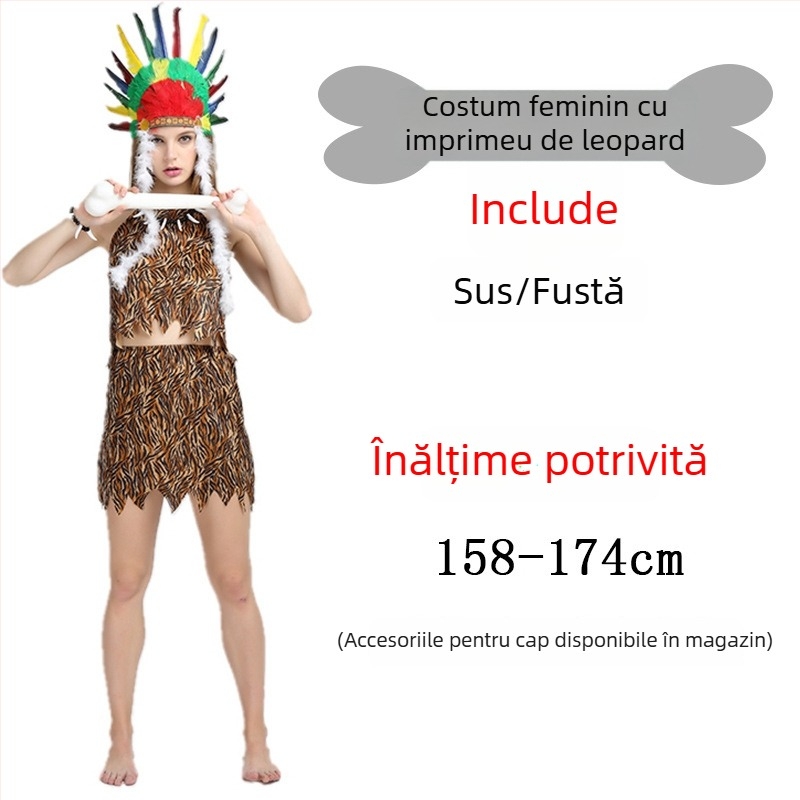 Costum unisex cu imprimeu leopard, inspirat dintr-un stil primitiv nativ, pentru Halloween și jocuri de rol - poliester