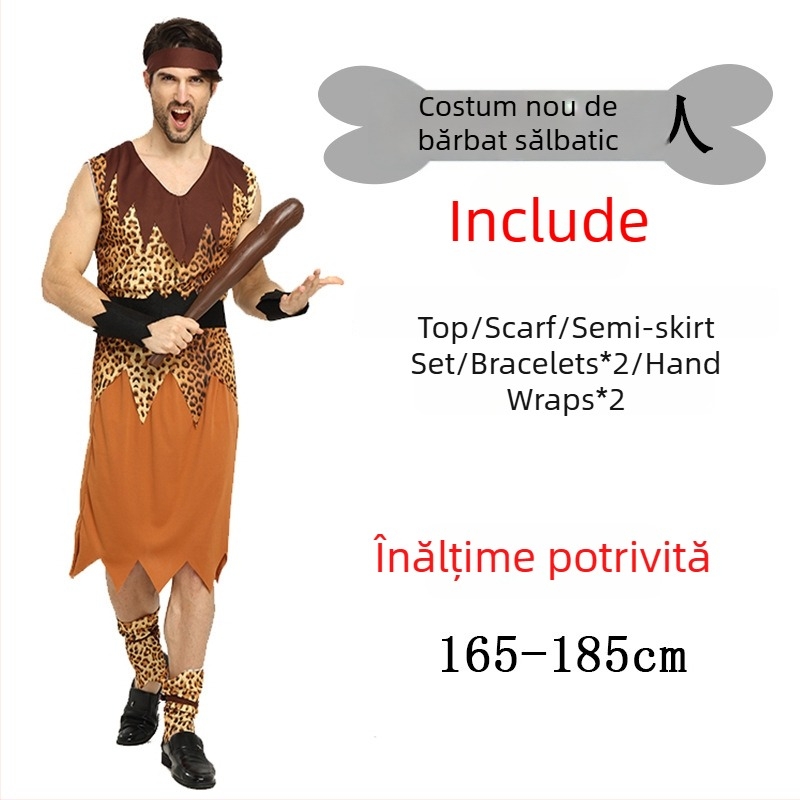 Costum unisex cu imprimeu leopard, inspirat dintr-un stil primitiv nativ, pentru Halloween și jocuri de rol - poliester