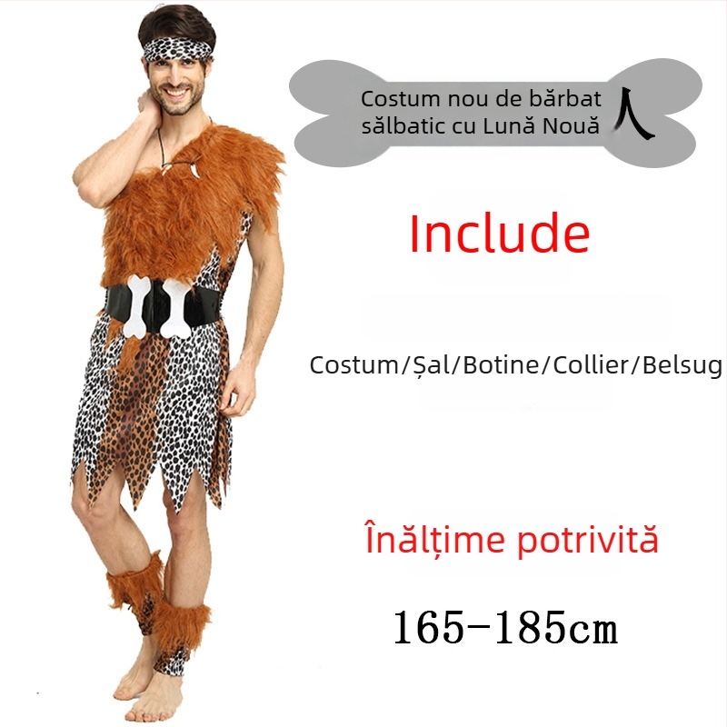 Costum unisex cu imprimeu leopard, inspirat dintr-un stil primitiv nativ, pentru Halloween și jocuri de rol - poliester