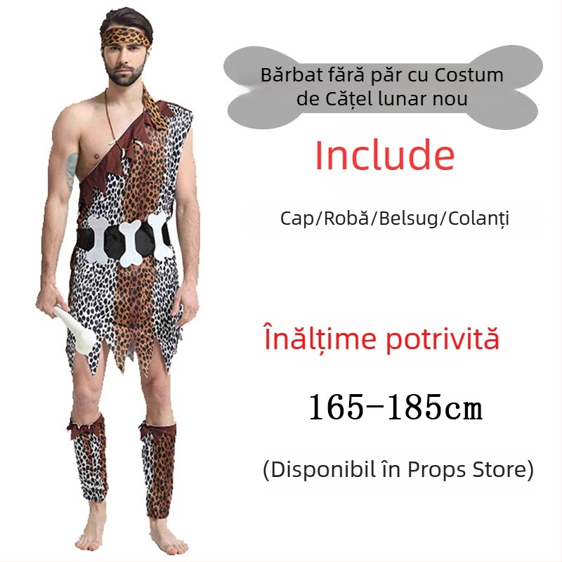 Costum unisex cu imprimeu leopard, inspirat dintr-un stil primitiv nativ, pentru Halloween și jocuri de rol - poliester