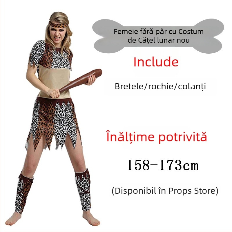 Costum unisex cu imprimeu leopard, inspirat dintr-un stil primitiv nativ, pentru Halloween și jocuri de rol - poliester