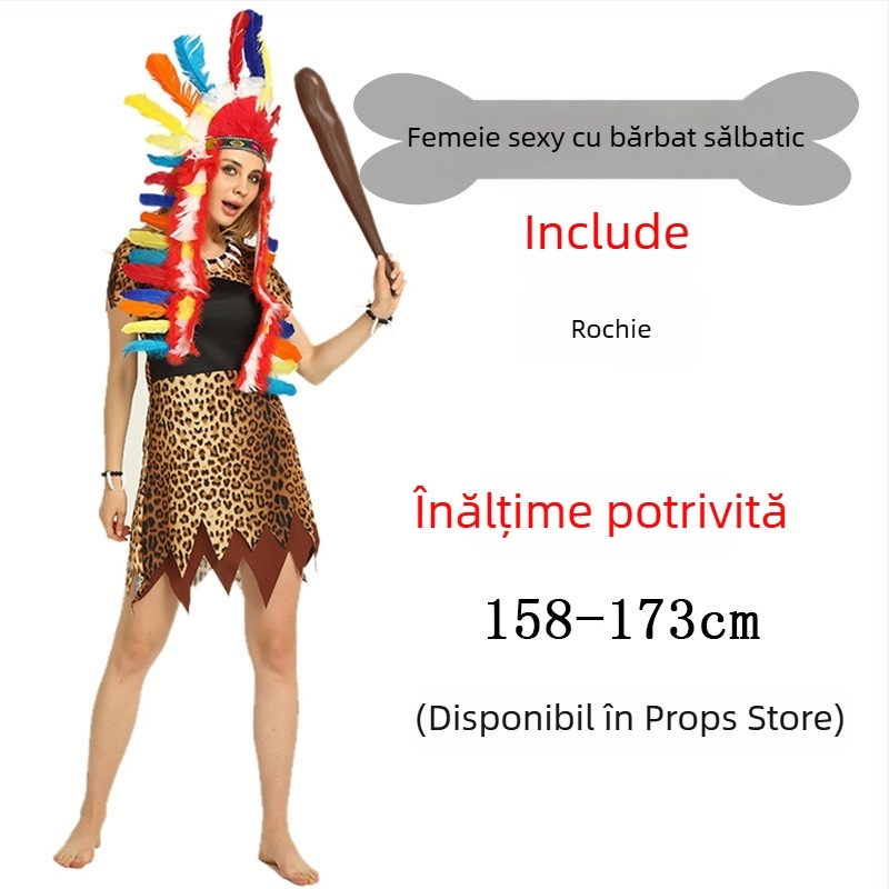 Costum unisex cu imprimeu leopard, inspirat dintr-un stil primitiv nativ, pentru Halloween și jocuri de rol - poliester