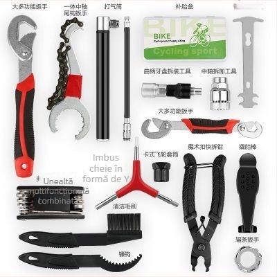 Kit de unelte pentru bicicletă cu instrumente de reparație, cheie, pompă pentru bicicletă de munte și accesorii
