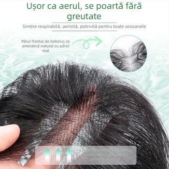 Perucă cu breton, păr real, țesută manual, poate fi vopsită și permată, breton drept sau înclinat, potrivită pentru toate formele feței.