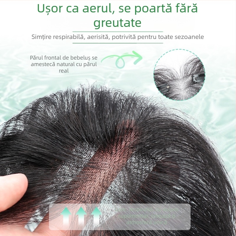 Perucă cu breton, păr real, țesută manual, poate fi vopsită și permată, breton drept sau înclinat, potrivită pentru toate formele feței.