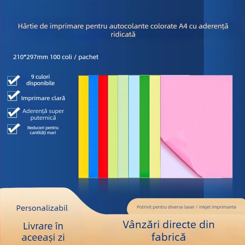 Hârtie autoadezivă pentru imprimare, destinat publicității, aderență înaltă, imprimare prin transfer termic, adeziv cu topire la cald, substrat