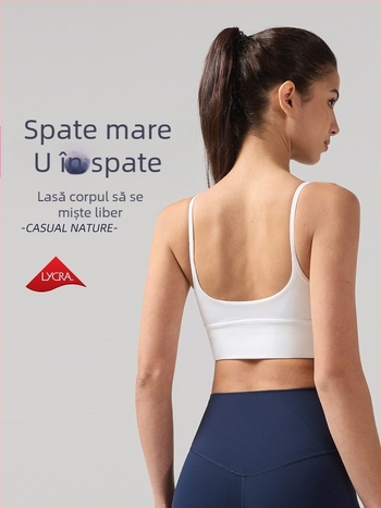 Bustier de yoga cu spate mare în formă de U, material respirabil și uscare rapidă, cupe căptușite, amestec nylon-spandex (81% nylon, 19% spandex), lungime până la abdomen