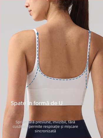 Bustier de yoga cu spate mare în formă de U, material respirabil și uscare rapidă, cupe căptușite, amestec nylon-spandex (81% nylon, 19% spandex), lungime până la abdomen