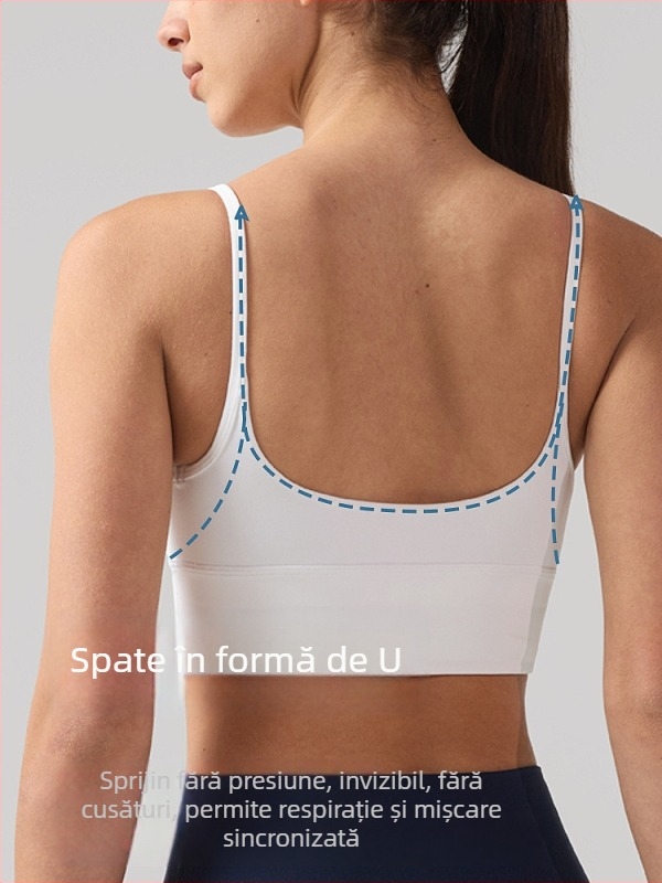 Bustier de yoga cu spate mare în formă de U, material respirabil și uscare rapidă, cupe căptușite, amestec nylon-spandex (81% nylon, 19% spandex), lungime până la abdomen