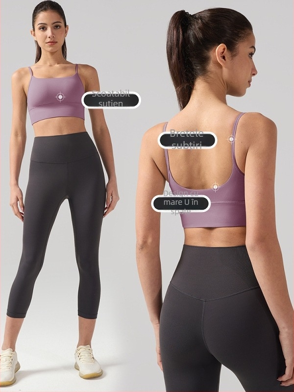 Bustier de yoga cu spate mare în formă de U, material respirabil și uscare rapidă, cupe căptușite, amestec nylon-spandex (81% nylon, 19% spandex), lungime până la abdomen