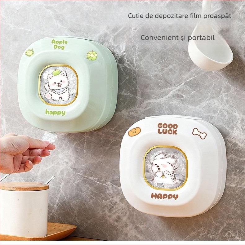 Cutie de depozitare pentru folie din plastic montată pe perete, cu desen drăguț de cățeluș, fără instalare, stil modern minimalist