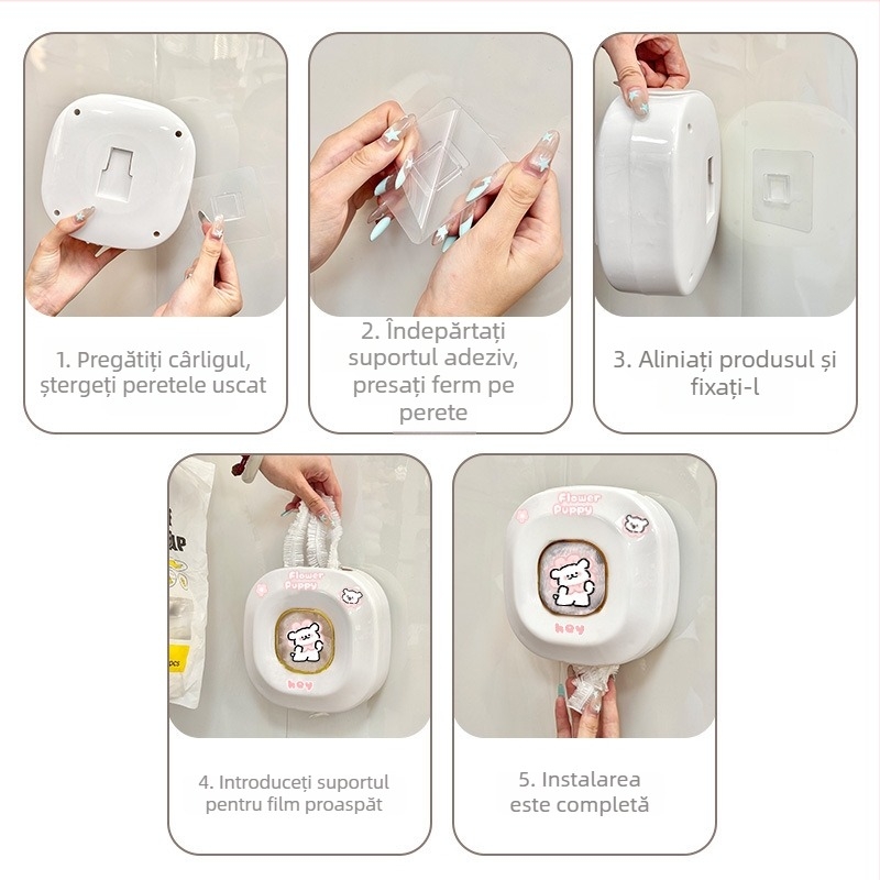 Cutie de depozitare pentru folie din plastic montată pe perete, cu desen drăguț de cățeluș, fără instalare, stil modern minimalist