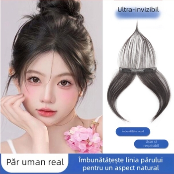 Păr perucă cu breton pentru femei, linie naturală a frunții, păr real uman, țesută complet manual, breton drept sau înclinat, poate fi vopsit