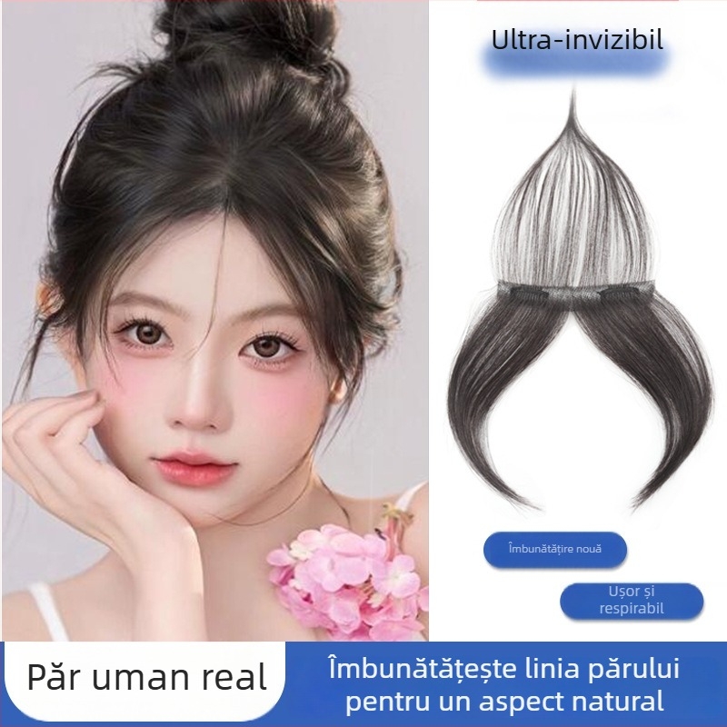 Păr perucă cu breton pentru femei, linie naturală a frunții, păr real uman, țesută complet manual, breton drept sau înclinat, poate fi vopsit