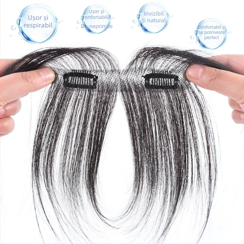 Păr perucă cu breton pentru femei, linie naturală a frunții, păr real uman, țesută complet manual, breton drept sau înclinat, poate fi vopsit