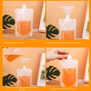 Sac plastic cu gură de distribuție pentru băuturi, finisaj mat, cu sprijin propriu, de unică folosință