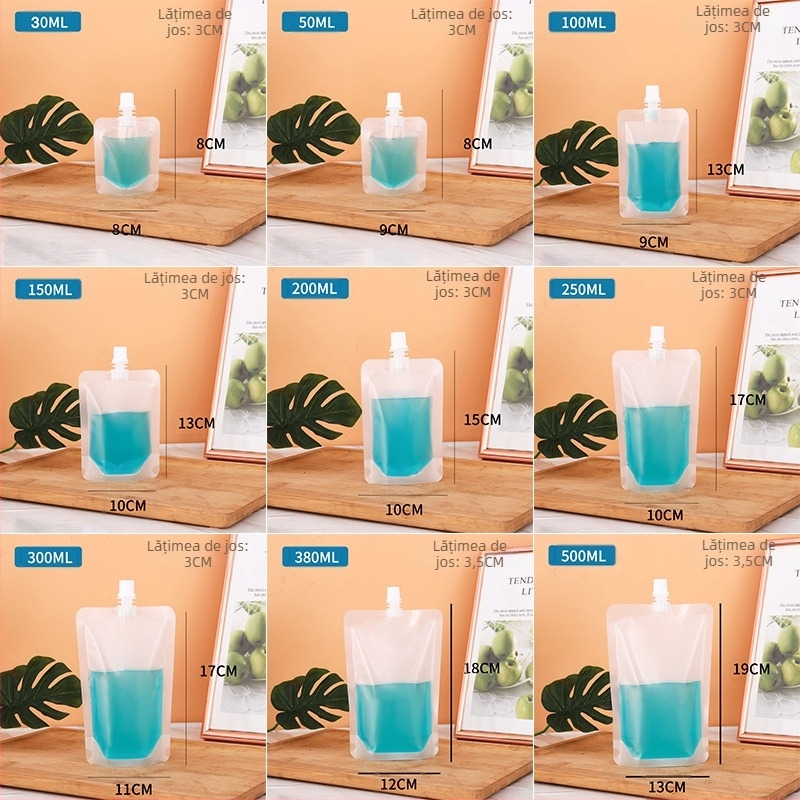 Sac plastic cu gură de distribuție pentru băuturi, finisaj mat, cu sprijin propriu, de unică folosință