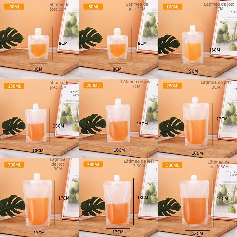 Sac plastic cu gură de distribuție pentru băuturi, finisaj mat, cu sprijin propriu, de unică folosință