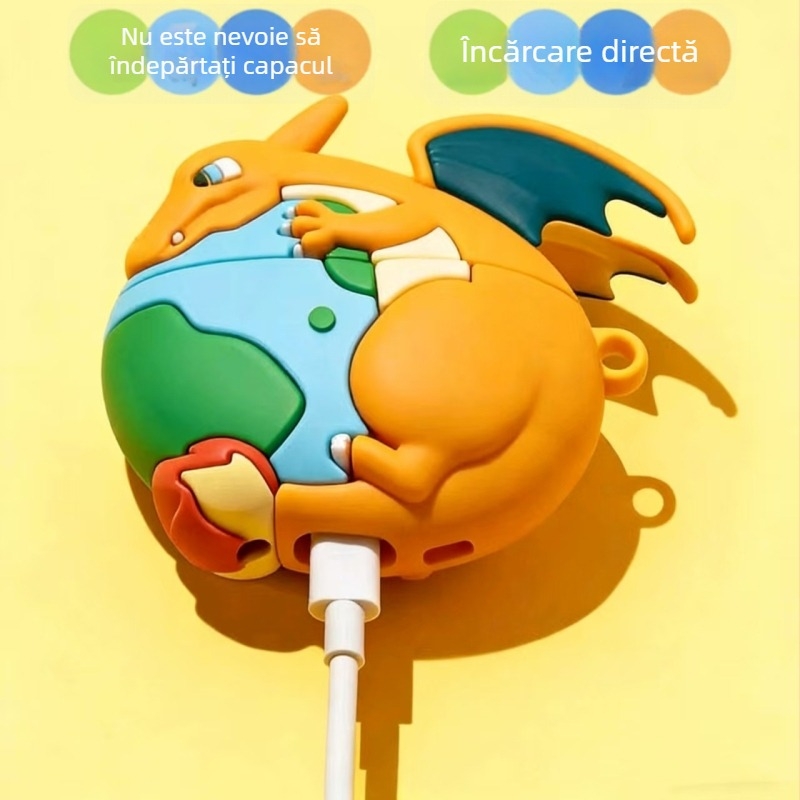 Carcasă de protecție AirPods Pro 2 - Dragon de foc 3D (PVC; Acoperire totală, Stil desen animat; Drip Glue; Apple)