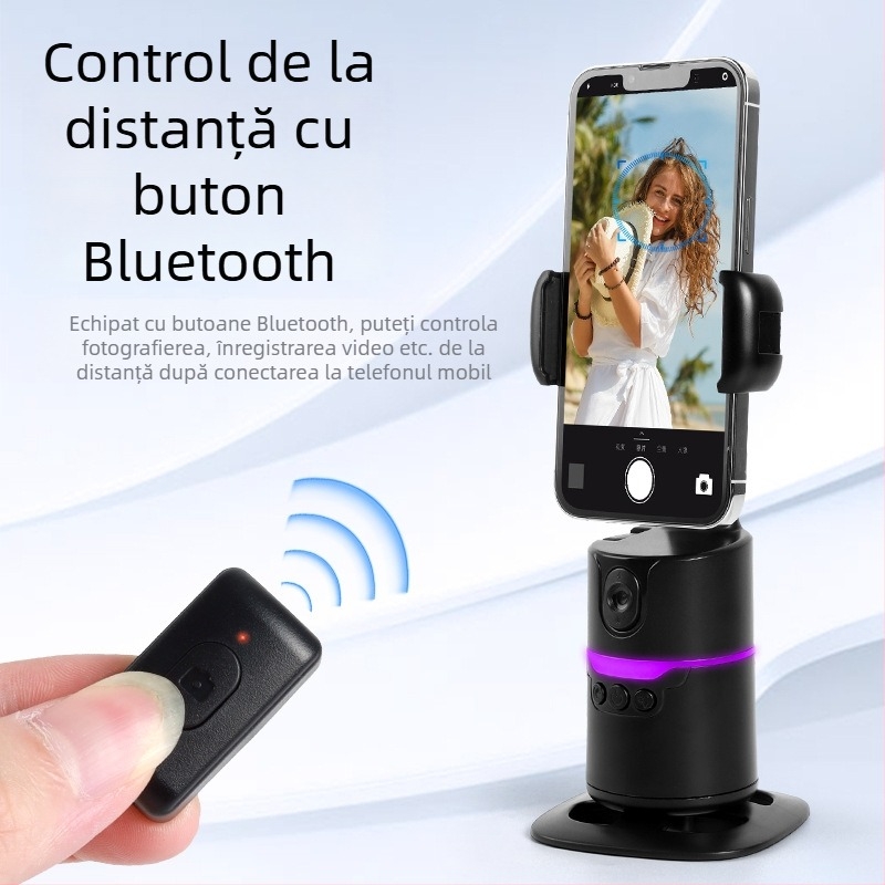 Stabilizator pentru telefon cu urmărire AI automată și recunoaștere facială, pan-tilt, telecomandă Bluetooth, suport de birou pentru streaming live