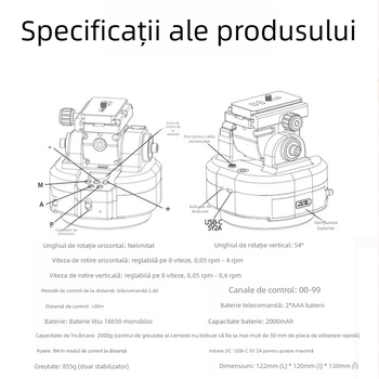 Desiontal stabilizator electric pentru telefon cu telecomandă — rotație orizontală 360°, înclinare verticală 54°, montaj cu șurub 1/4, aliaj de aluminiu + ABS