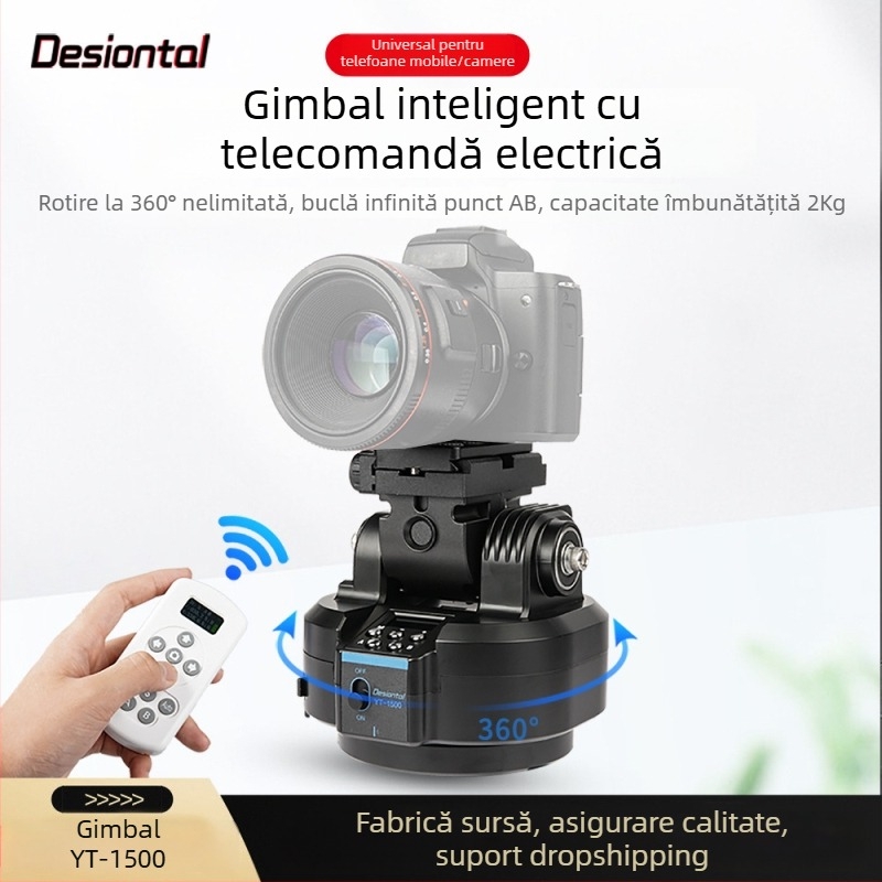 Desiontal stabilizator electric pentru telefon cu telecomandă — rotație orizontală 360°, înclinare verticală 54°, montaj cu șurub 1/4, aliaj de aluminiu + ABS