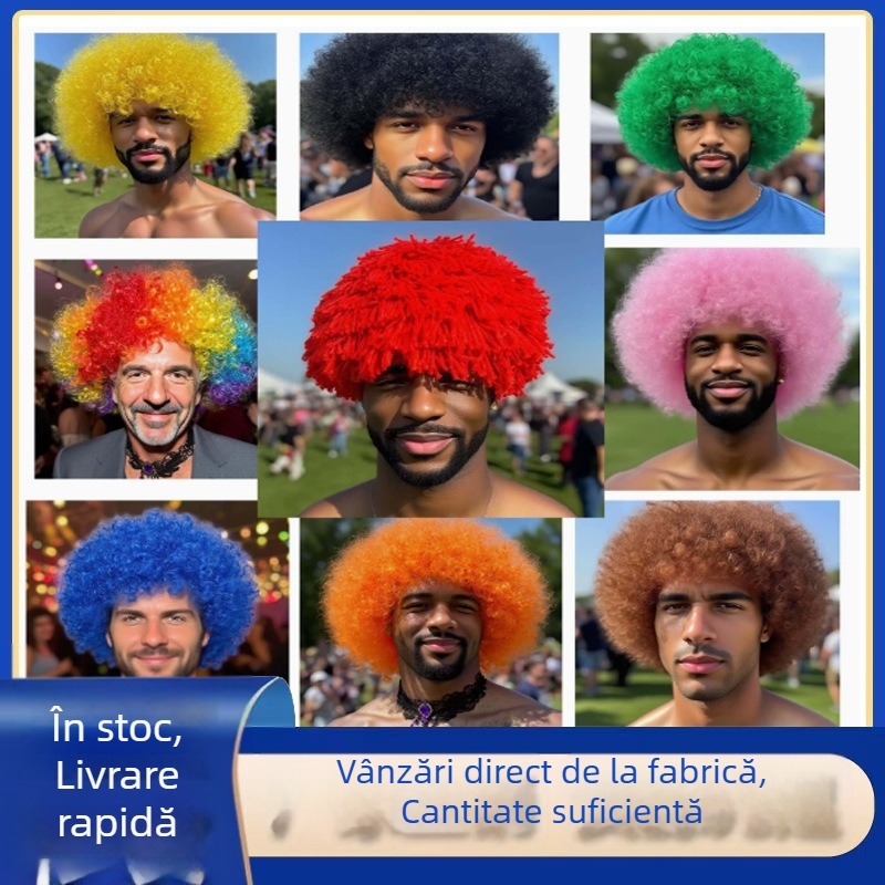 Runfeng Perucă Afro — păr scurt buclat, stil exotic, material păr K Silk/P Silk, breton drept, model Afro, KH-1551