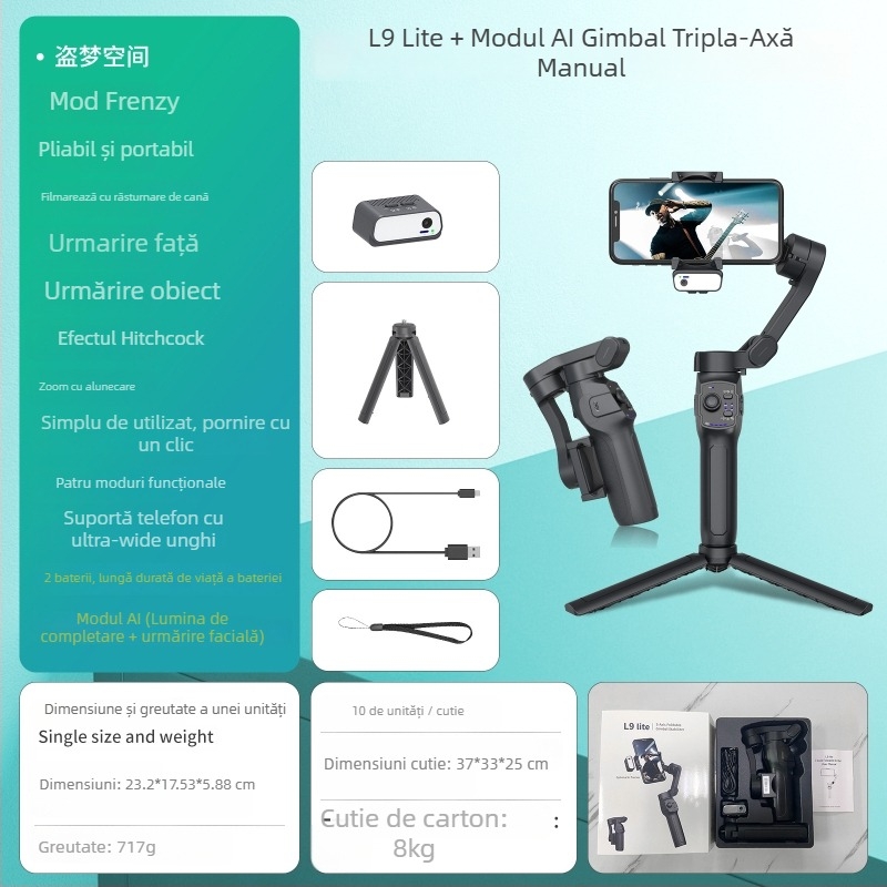 L9Lite Stabilizator Gimbal pentru Telefon cu Modul AI, Trei Axe, Urmărire Facială, Bluetooth