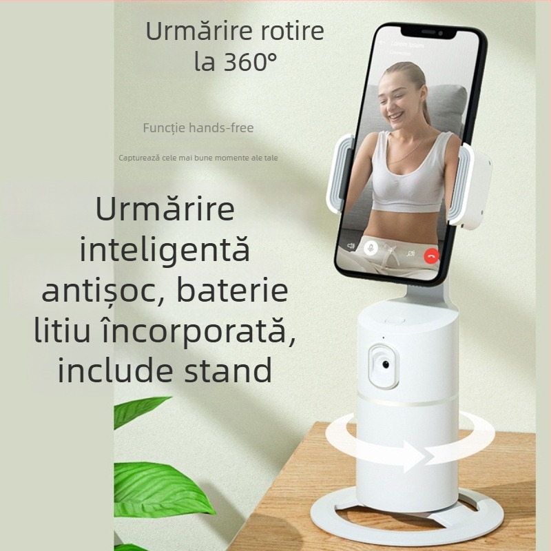 Gimbal pentru telefon cu urmărire inteligentă a feței, rotire de 360°, fără instalare, corp ABS, suport de birou universal