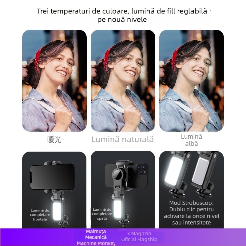 Machine Monkey stabilizator pentru telefon – gimbal cu 3 axe, urmărire facială, suport pentru live streaming, lumină de umplere încorporată, model Q18, ABS + aliaj de aluminiu, Bluetooth, telecomandă