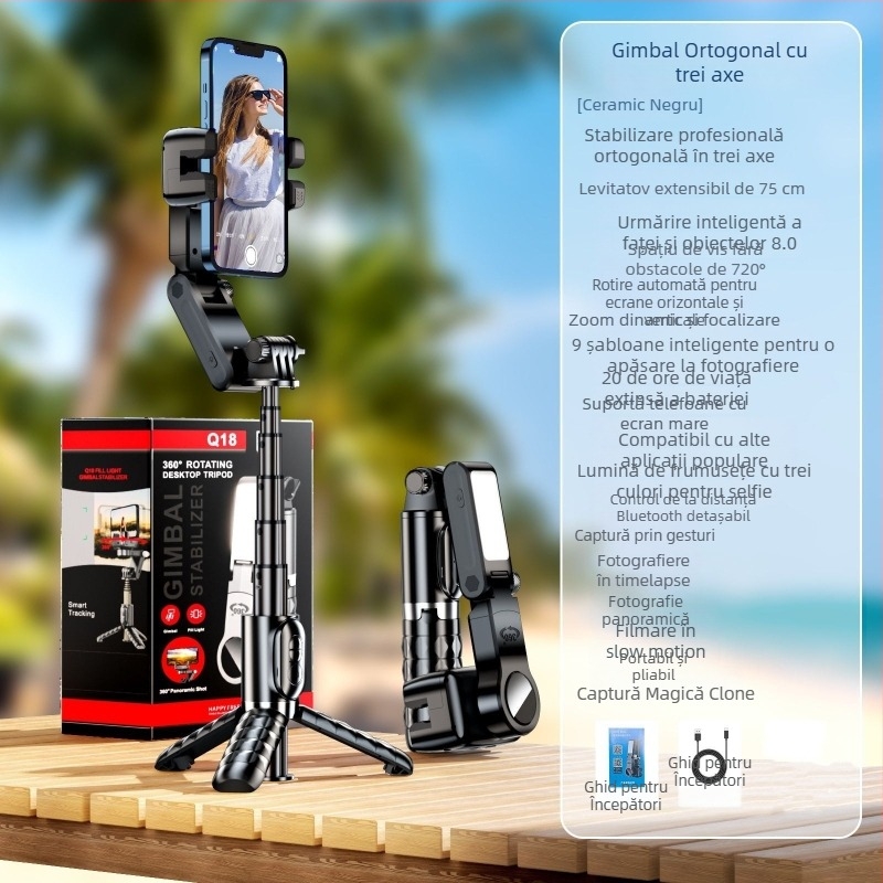 Machine Monkey stabilizator pentru telefon – gimbal cu 3 axe, urmărire facială, suport pentru live streaming, lumină de umplere încorporată, model Q18, ABS + aliaj de aluminiu, Bluetooth, telecomandă