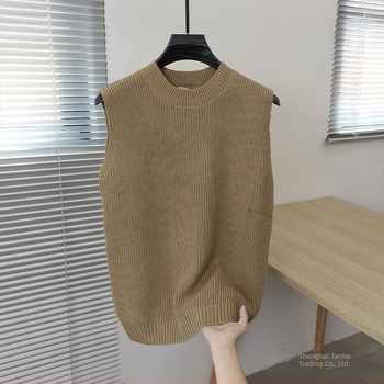 Vesta tricotată fără mâneci, din in, croială lejeră, guler rotund, culoare solidă, evacuează umezeala