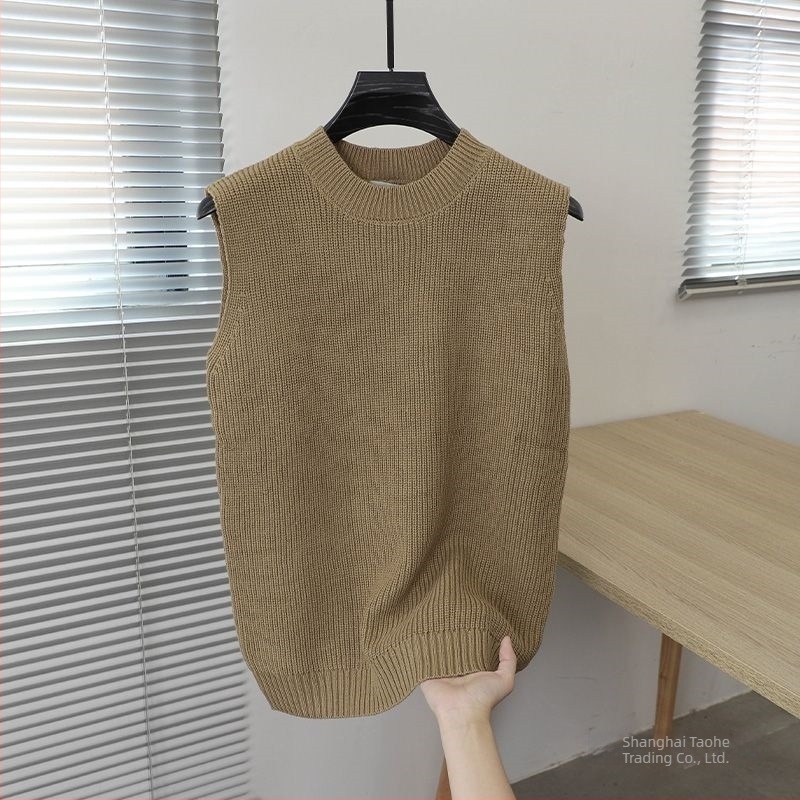 Vesta tricotată fără mâneci, din in, croială lejeră, guler rotund, culoare solidă, evacuează umezeala