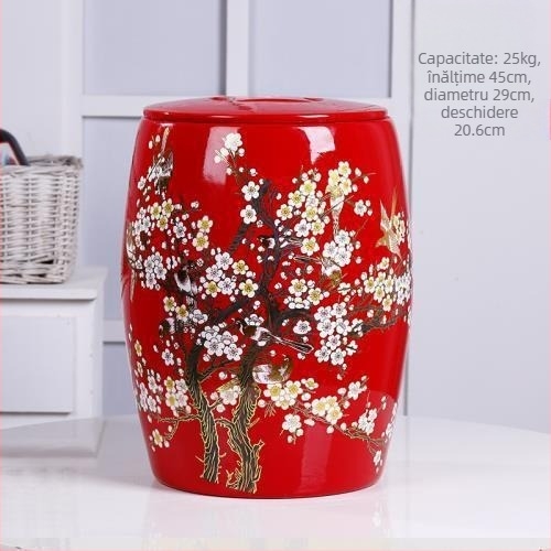 Recipient ceramic pentru depozitarea orezului cu capac, sigilat, capacitate 10–20 kg, rezistent la umezeală și insecte