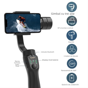 F8 Stabilizator Gimbal cu Trei Axe pentru Telefoane Mobile, Carcasă ABS, Bluetooth, Fără Telecomandă, Personalizare Disponibilă