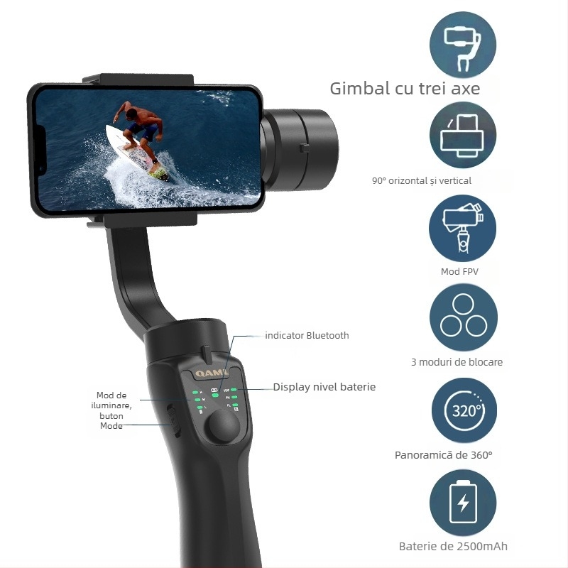 F8 Stabilizator Gimbal cu Trei Axe pentru Telefoane Mobile, Carcasă ABS, Bluetooth, Fără Telecomandă, Personalizare Disponibilă