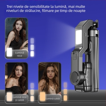 Gimbal inteligent pentru telefon cu recunoaștere facială AI — rotire 360°, urmărire facială, stabilizare, iluminare încorporată pentru streaming live