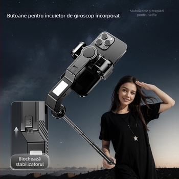Gimbal inteligent pentru telefon cu recunoaștere facială AI — rotire 360°, urmărire facială, stabilizare, iluminare încorporată pentru streaming live