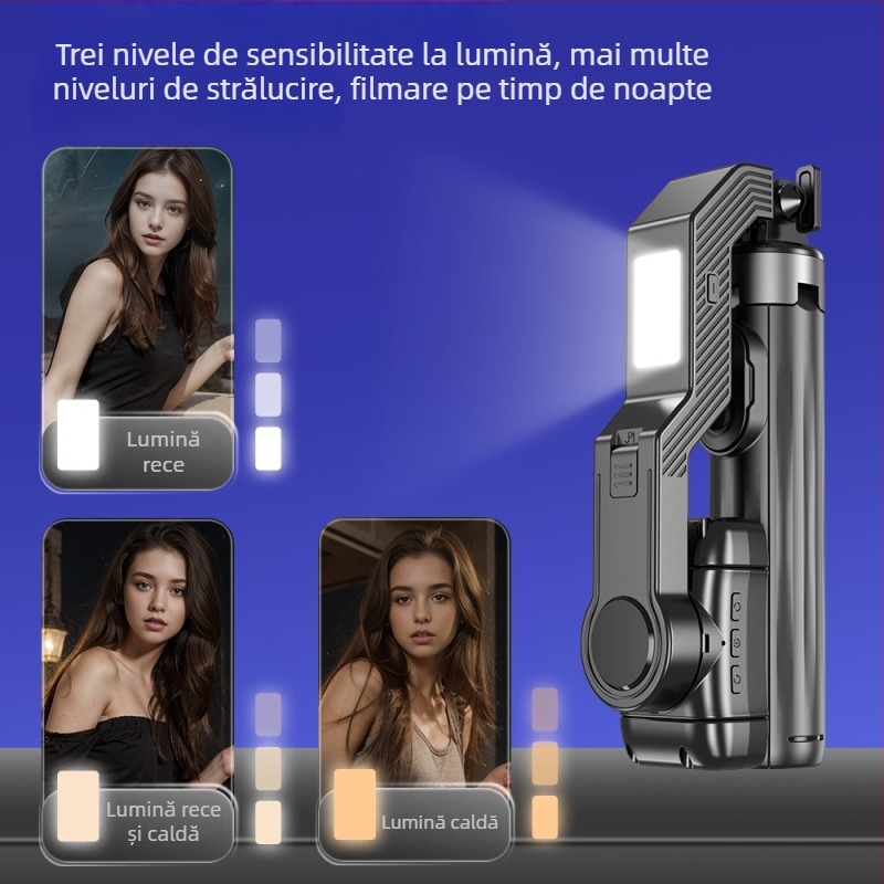 Gimbal inteligent pentru telefon cu recunoaștere facială AI — rotire 360°, urmărire facială, stabilizare, iluminare încorporată pentru streaming live