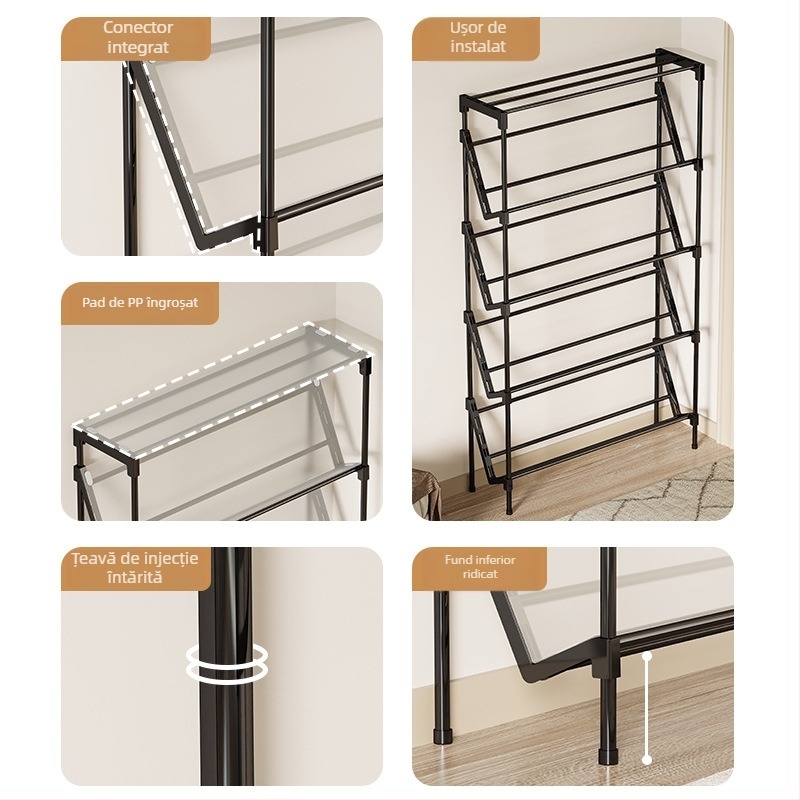 Raft de pantofi din metal înclinat, cu mai multe etaje, pentru cămin, intrare și hol — spațiu economisit, multifuncțional